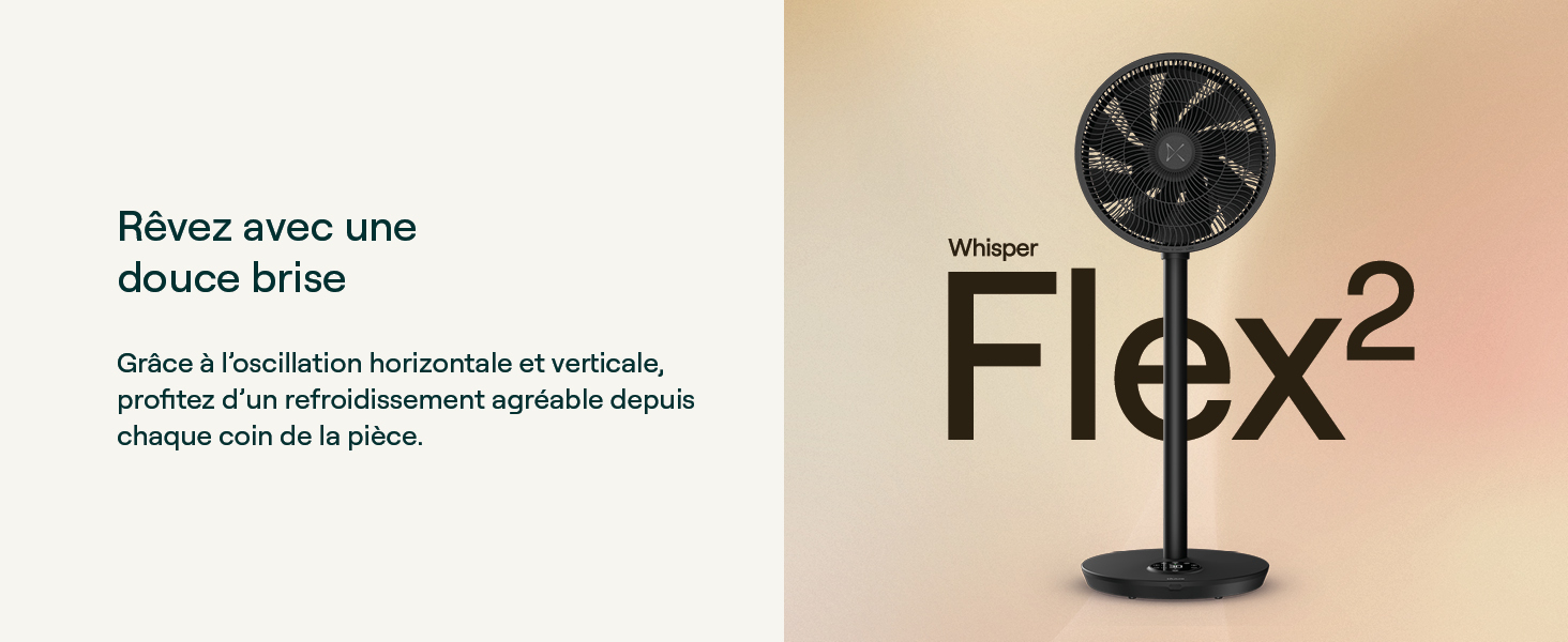 Le texte indique « Rilassati avec una doccia totale » et « Flex² ». Ventilateur sur socle noir à tête circulaire sur fond beige avec nom du produit.