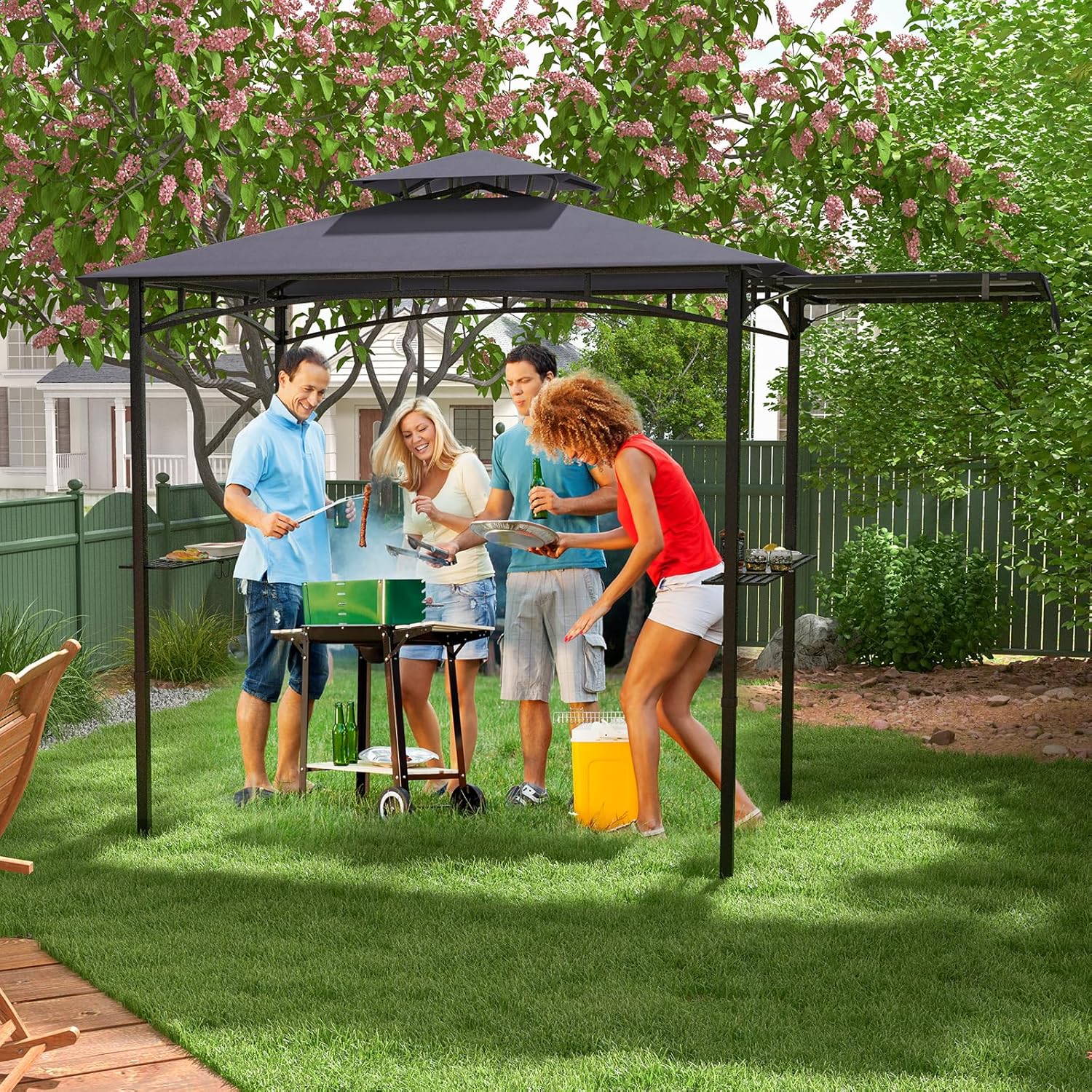 GOPLUS Tonnelle pour Barbecue avec Auvent Latéral, Abri Barbecue Extérieur avec Dessus à 2 Niveaux, Crochets, Décapsuleur, Dessus Souple, pour Jardin, Cour (242+84x126x250CM|Gris Foncé)