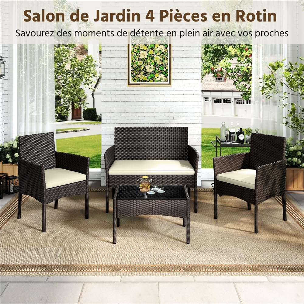 Yaheetech - Salon de jardin 4 places - polyrotin métal - canapé, fauteuils, table, coussins - brun/beige