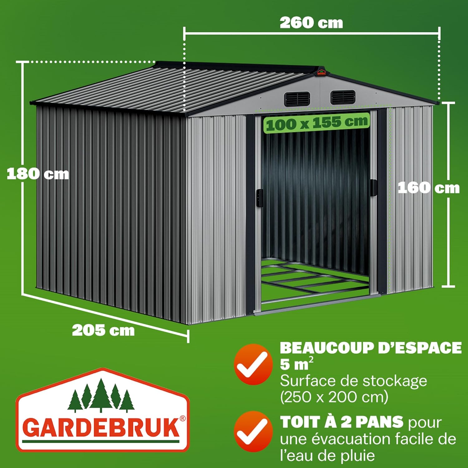 GARDEBRUK - Abri de jardin métal XXL - 260x205x180cm - Porte coulissante, fondation, 9m³