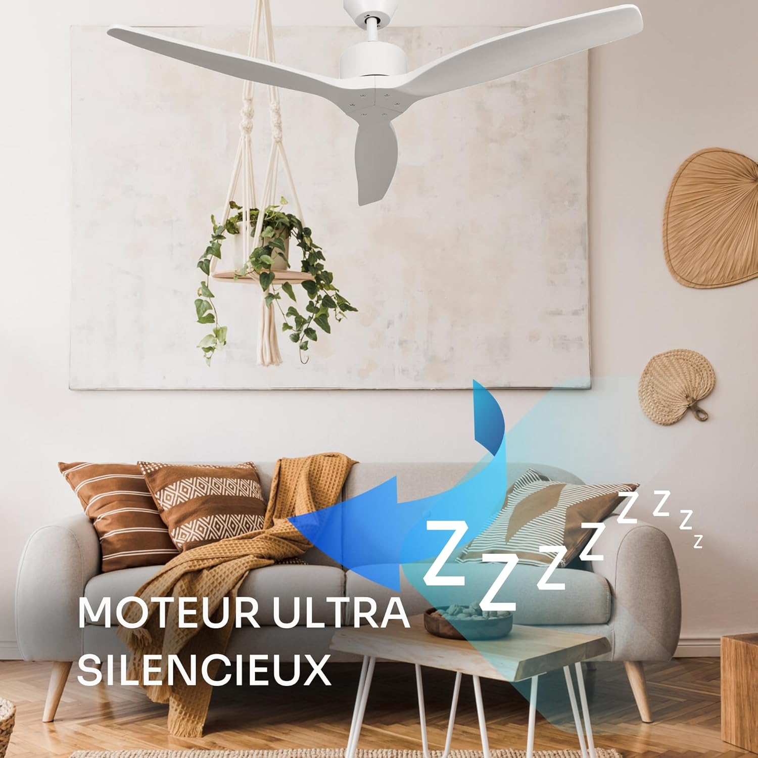 Mellerware - Ventilateur de plafond avec télécommande Brizy! 45W | Puissant | Ultra silencieux | 3 lames | Diamètre 132cm | 6 vitesses | Refroidissement + LED intégrée | Blanc