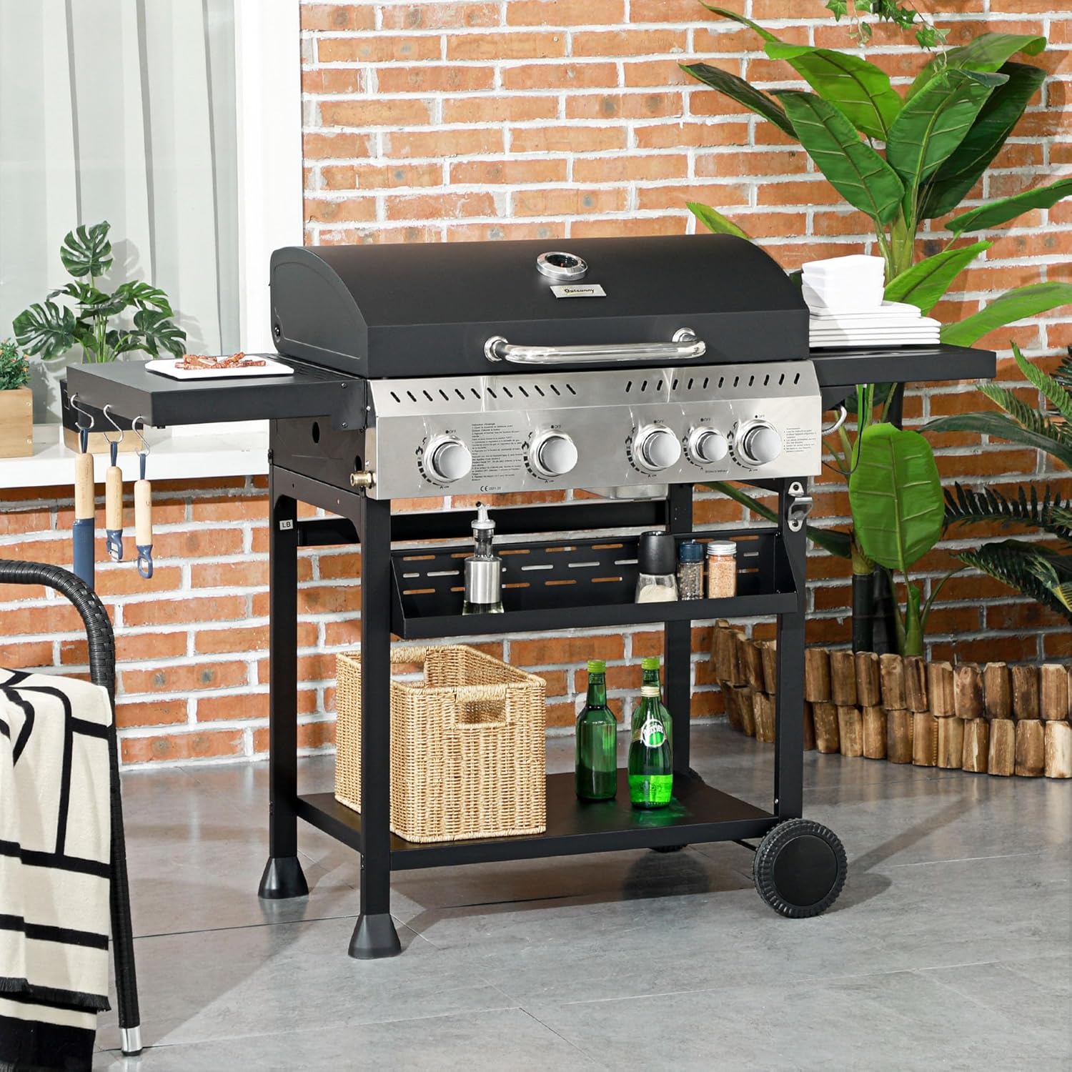 Outsunny - Barbecue gaz 4+1 brûleurs 12,5kW - roulettes, étagères