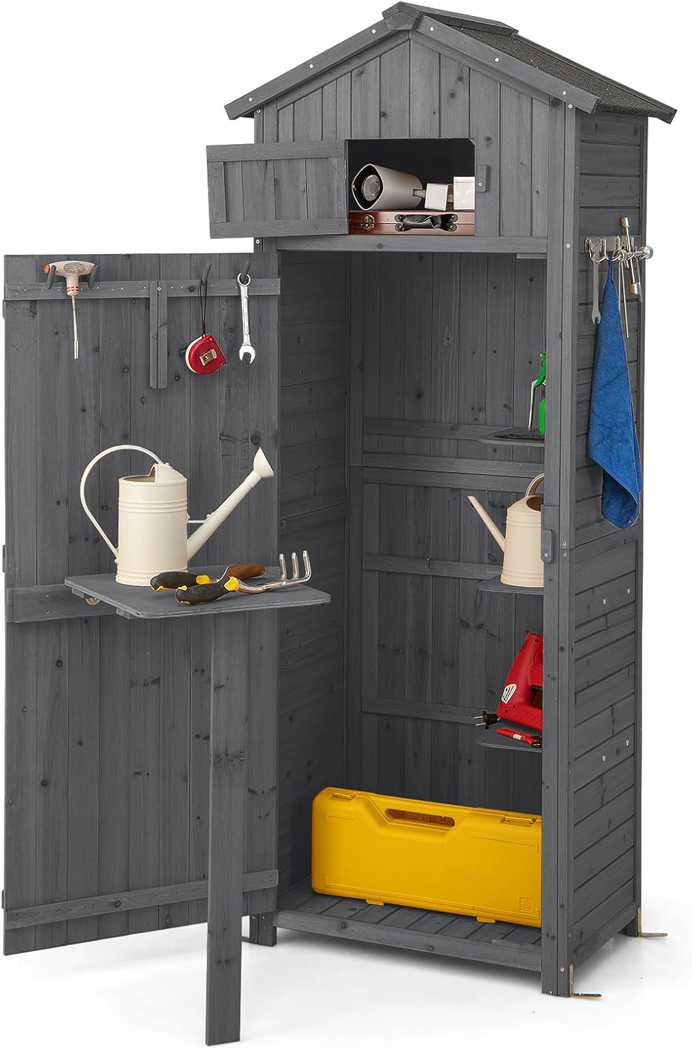 GOPLUS Abri de Jardin en Bois de Sapin avec Toit en Asphalte, 75 x 50 x 180,5 CM, Cabane de Jardin Exterieur avec Porte Verrouillable, Table Pliable, Crochet, 3 Étagères Amovibles, pour Terrasse, Gris