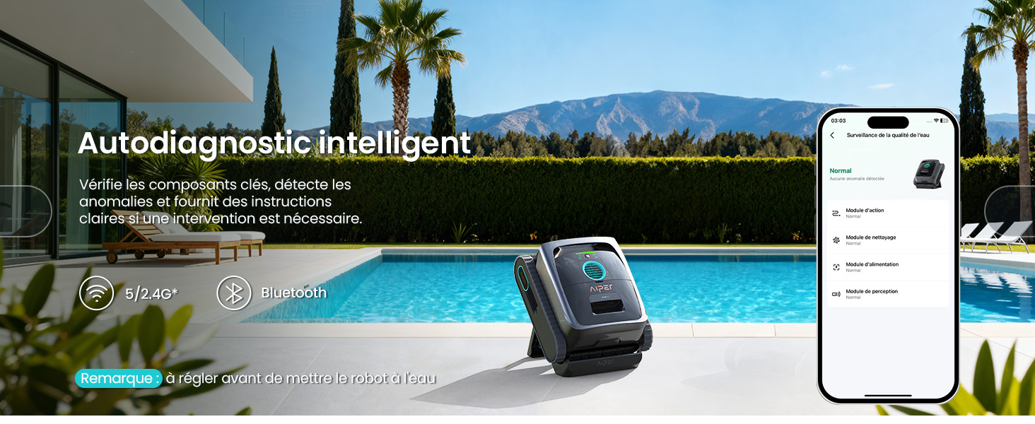 Le texte indique « Autodiagnostisch reinigen ». Interface d'appareil intelligent affichée à côté de la piscine avec des palmiers et des montagnes en arrière-plan.