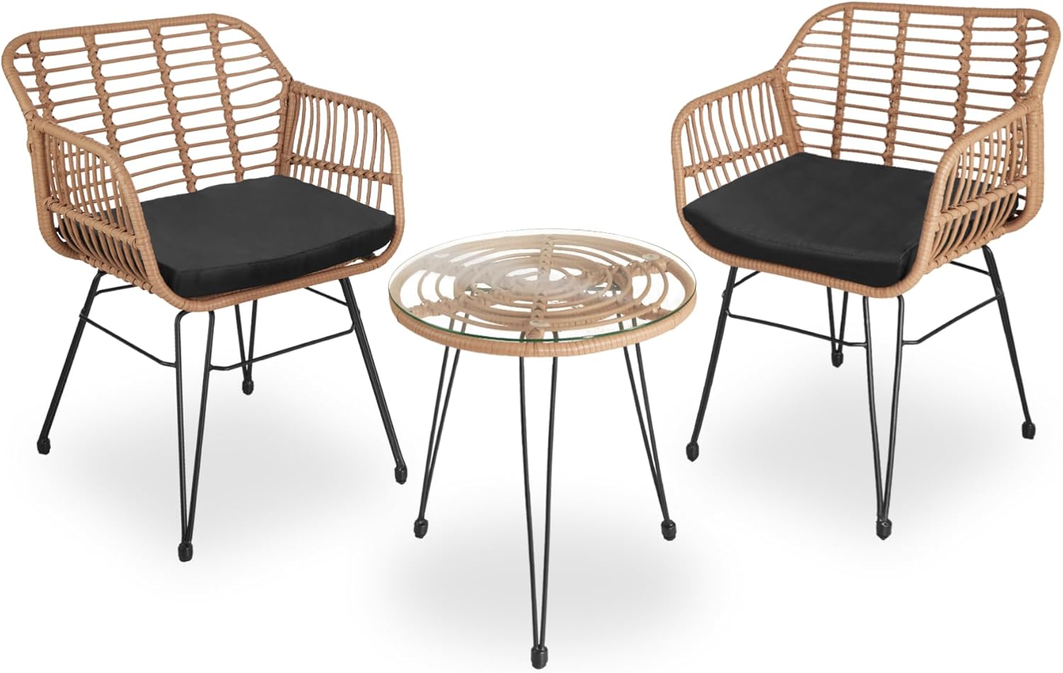 tectake - salon de jardin 3 pcs - fauteuils + table verre, coussins amovibles, extérieur balcons