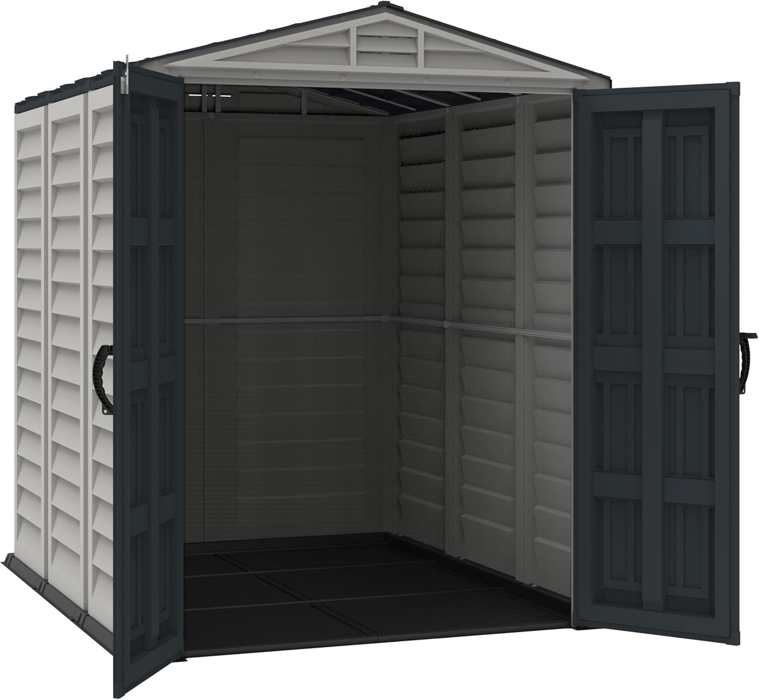 Duramax YardMate PLUS 5 x 8 (4.28 m²) Abri de jardin en plastique avec plancher en plastique robuste, structure de toit en métal robuste, ignifuge et sans entretien, Gris foncé/ Adobe