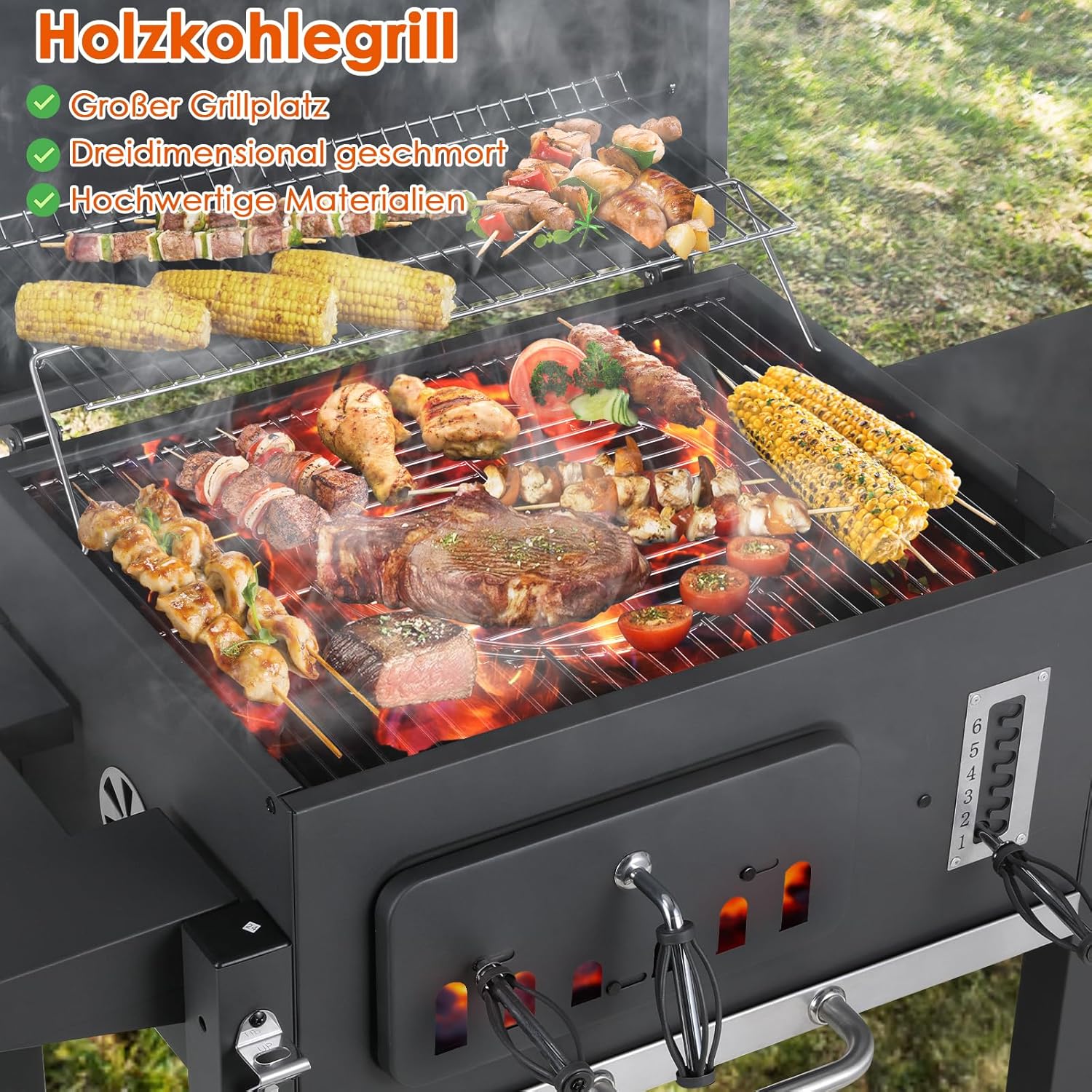 TLSUNNY - Barbecue XXL, charbon, couvercle, roues, thermomètre - TLSUNNY