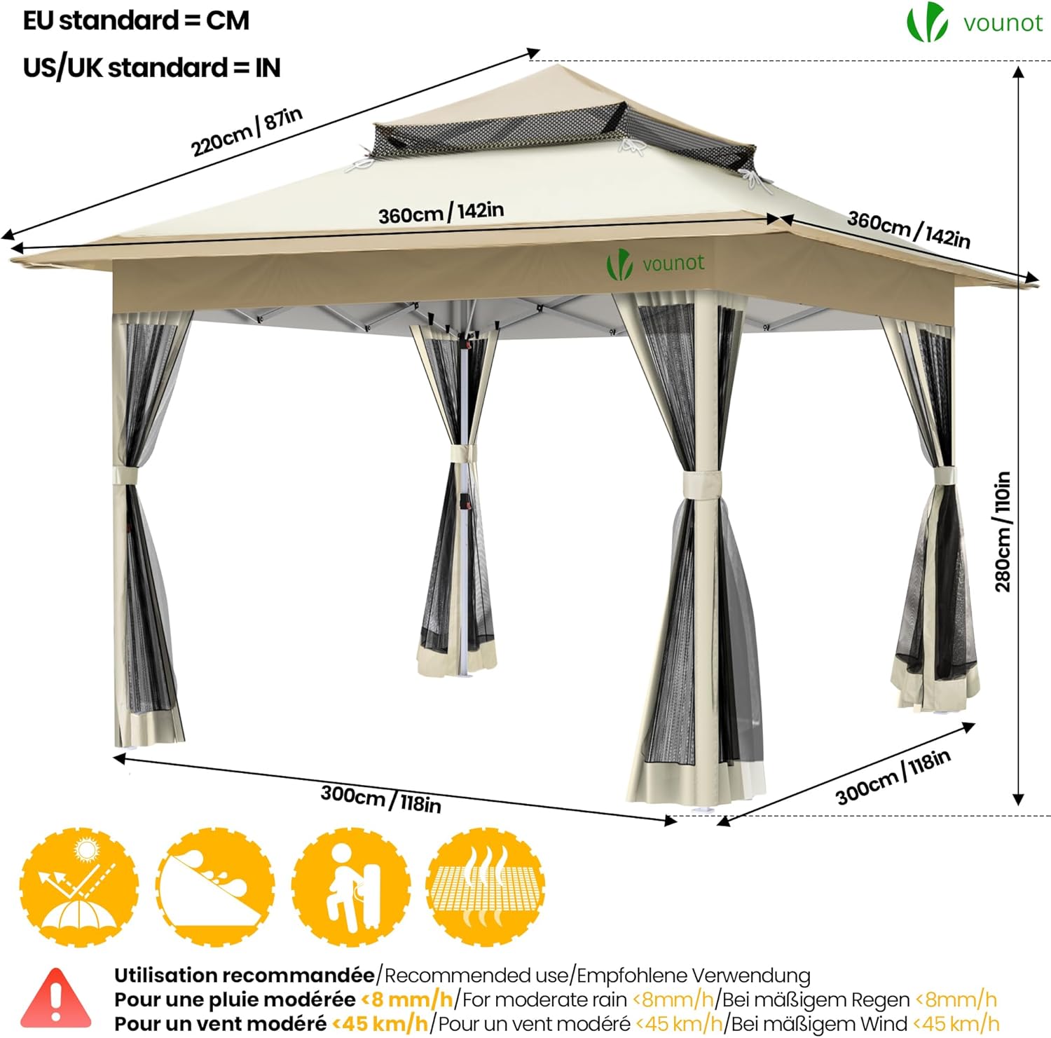 VOUNOT - Tonnelle Pop Up - 3.6x3.6m - Acier, moustiquaire, anti-UV, beige