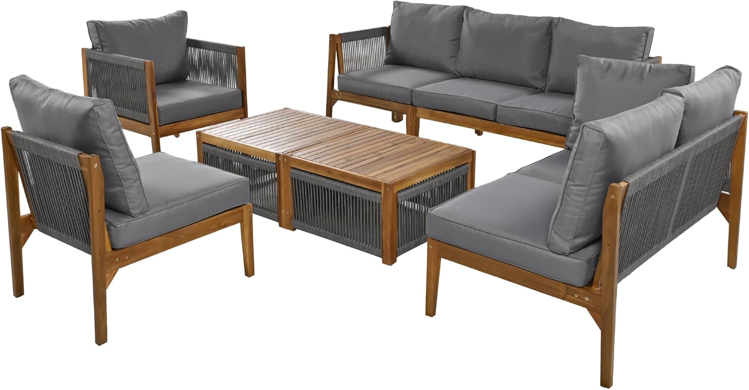 Sapgaks - salon de jardin C-Gris+Naturel - 7/8 personnes - angle, coussins lavables