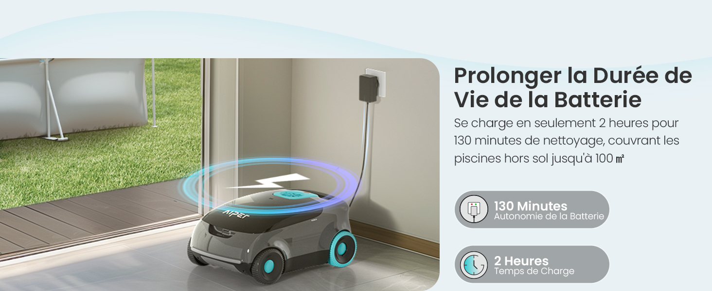 Le texte indique « Prolonger la durée de vie de la batterie ». Appareil de robot de jardin sur gazon avec un texte d'instruction et des icônes ci-dessous indiquant les informations sur la durée de vie de la batterie en français.