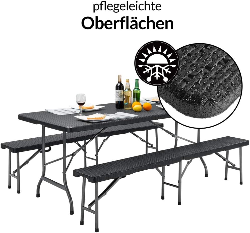 CASARIA - Ensemble table pliante 180cm, 2 bancs, 8 personnes, jardin, terrasse, camping