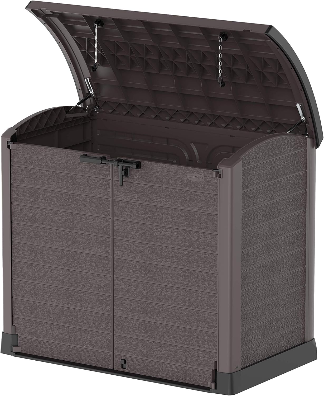 Duramax Cedargrain StoreAway 1200L Abri de jardin en plastique / couvercle arc, Abri pour poubelles, Cache poubelles, Coffre de poubelle, Idéal pour les 2x 240L poubelles, 145x85x125 cm, Marron