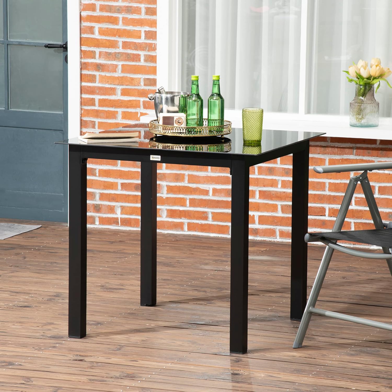 Outsunny - Table de jardin carrée - 80x80x74 cm - aluminium, plateau en verre trempé
