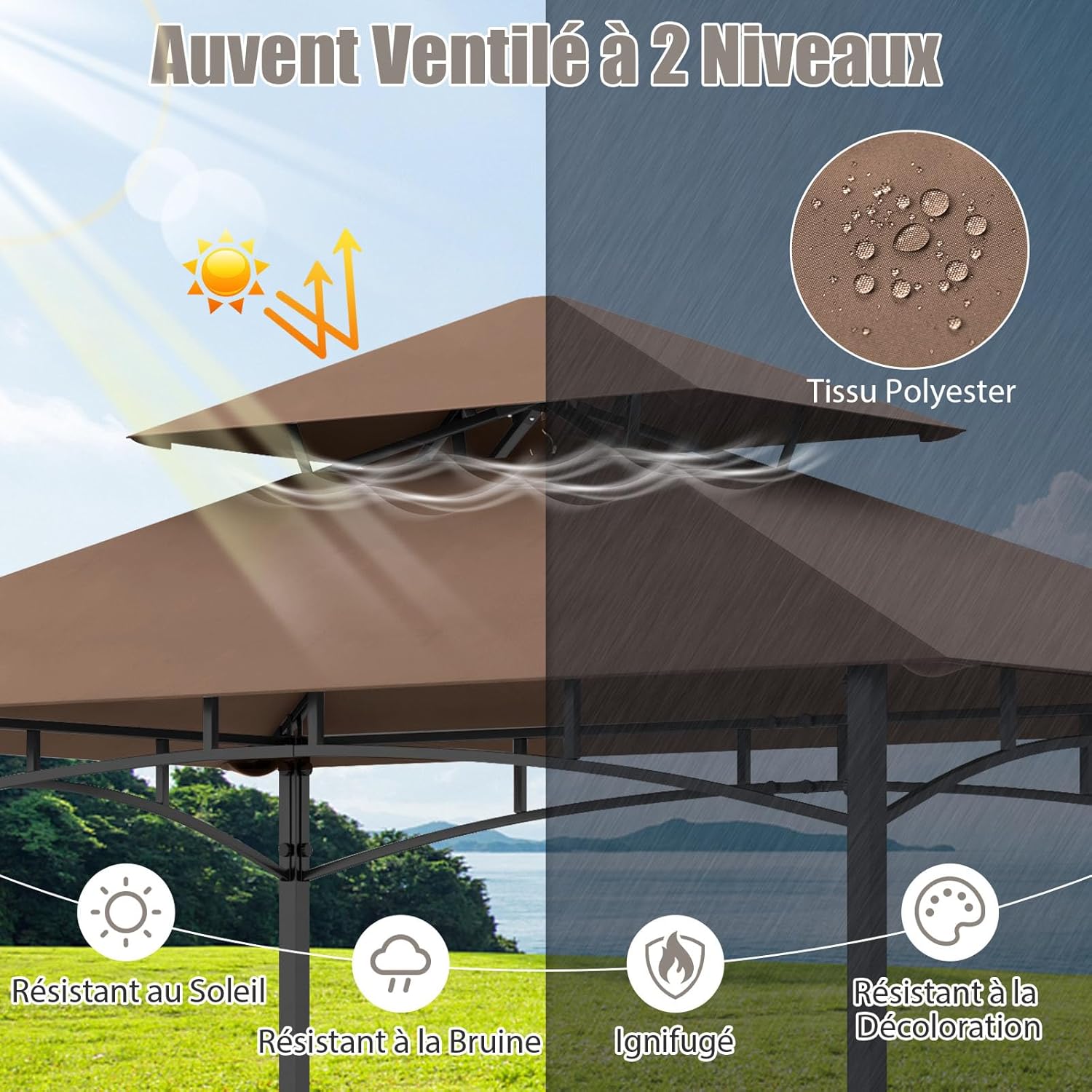 GOPLUS - tonnelle barbecue extérieur - 242x153x250cm - double toit, crochets, décapsuleur