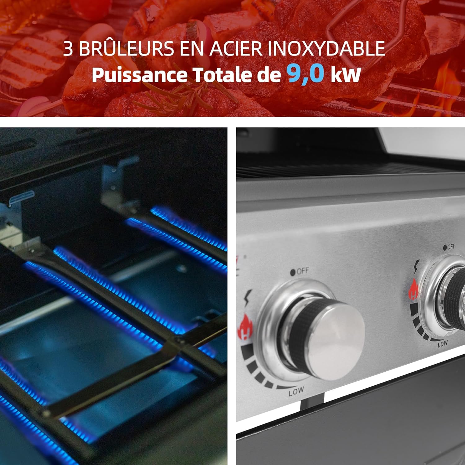 Royal Gourmet – BBQ Gaz 3 brûleurs – 9kW – chariot, capot, grilles, jardin
