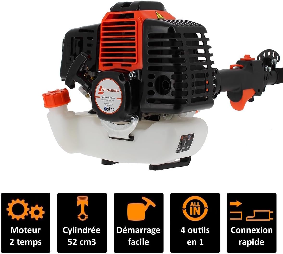 GT Garden - 4 en 1 thermique - multifonction - tronçonneuse, débroussailleuse, taille-haies, rallonge