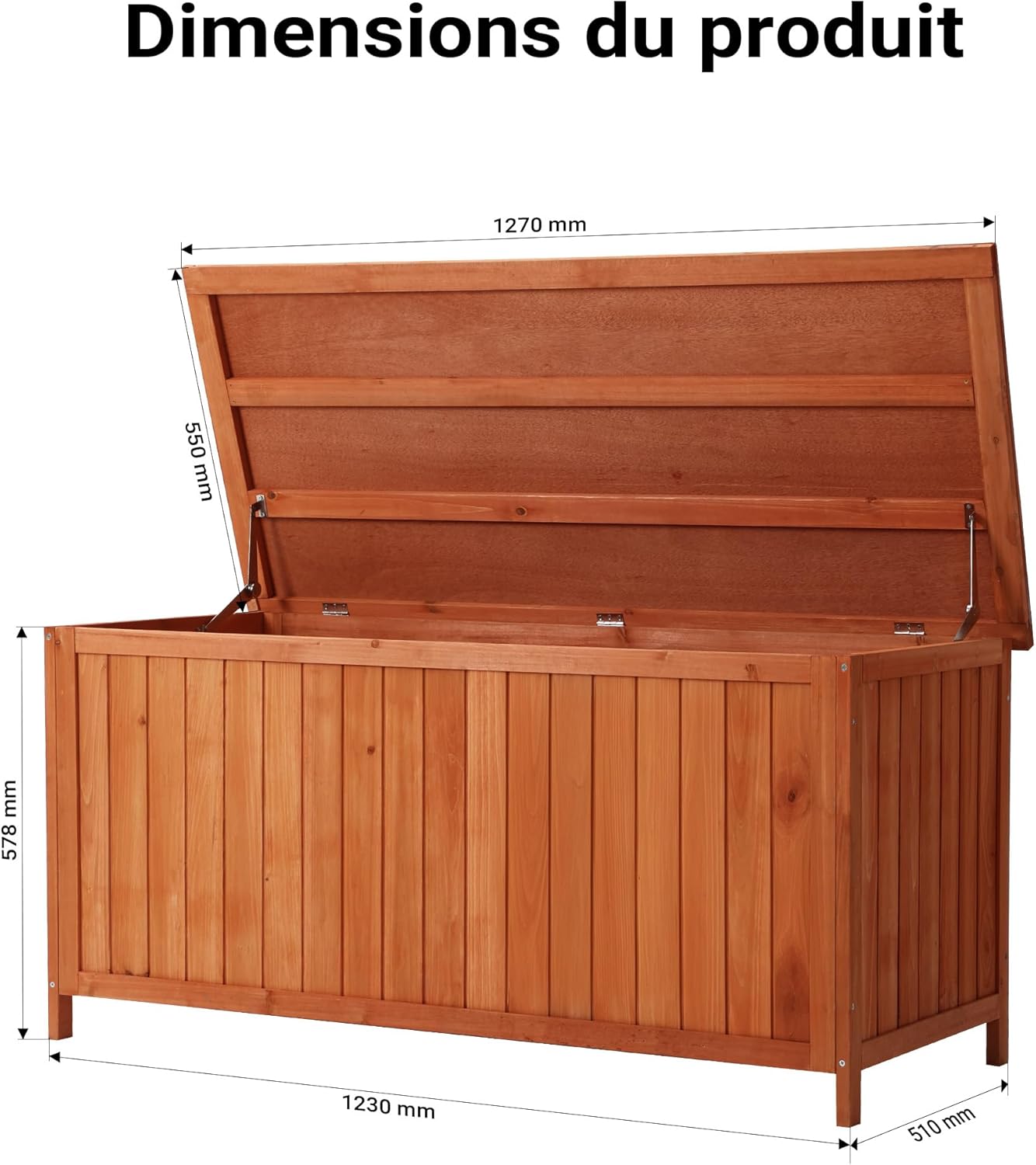 Wiltec - Coffre de jardin bois épicéa 127x55x60 cm, couvercle et fixations