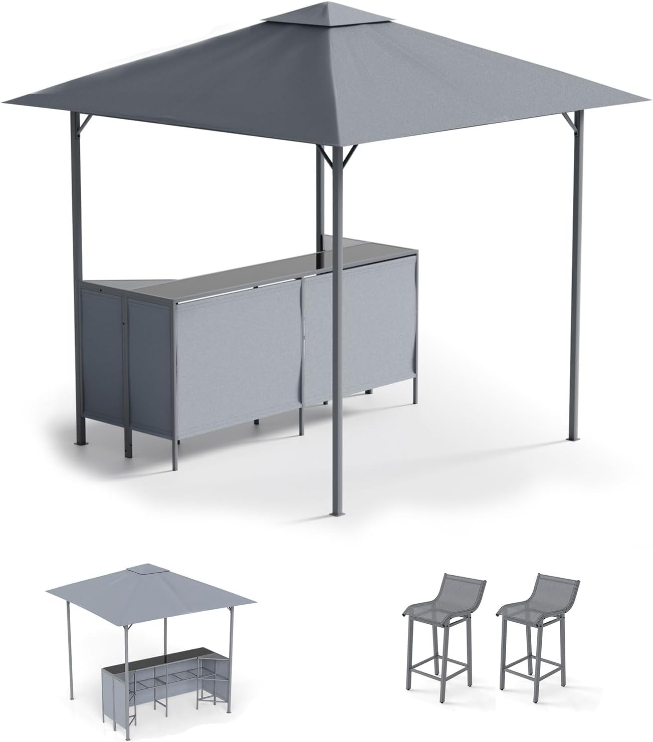 GOPLUS 3 Pcs Abri Barbecue Jardin Exterieur avec Bar Exterieur, Tonnelle Barbecue avec 2 Tabourets Bar, Rangement, Plateau en Verre Trempée,Porte-Verres, en Métal avec Double Toit, 245 x 245 x 243CM