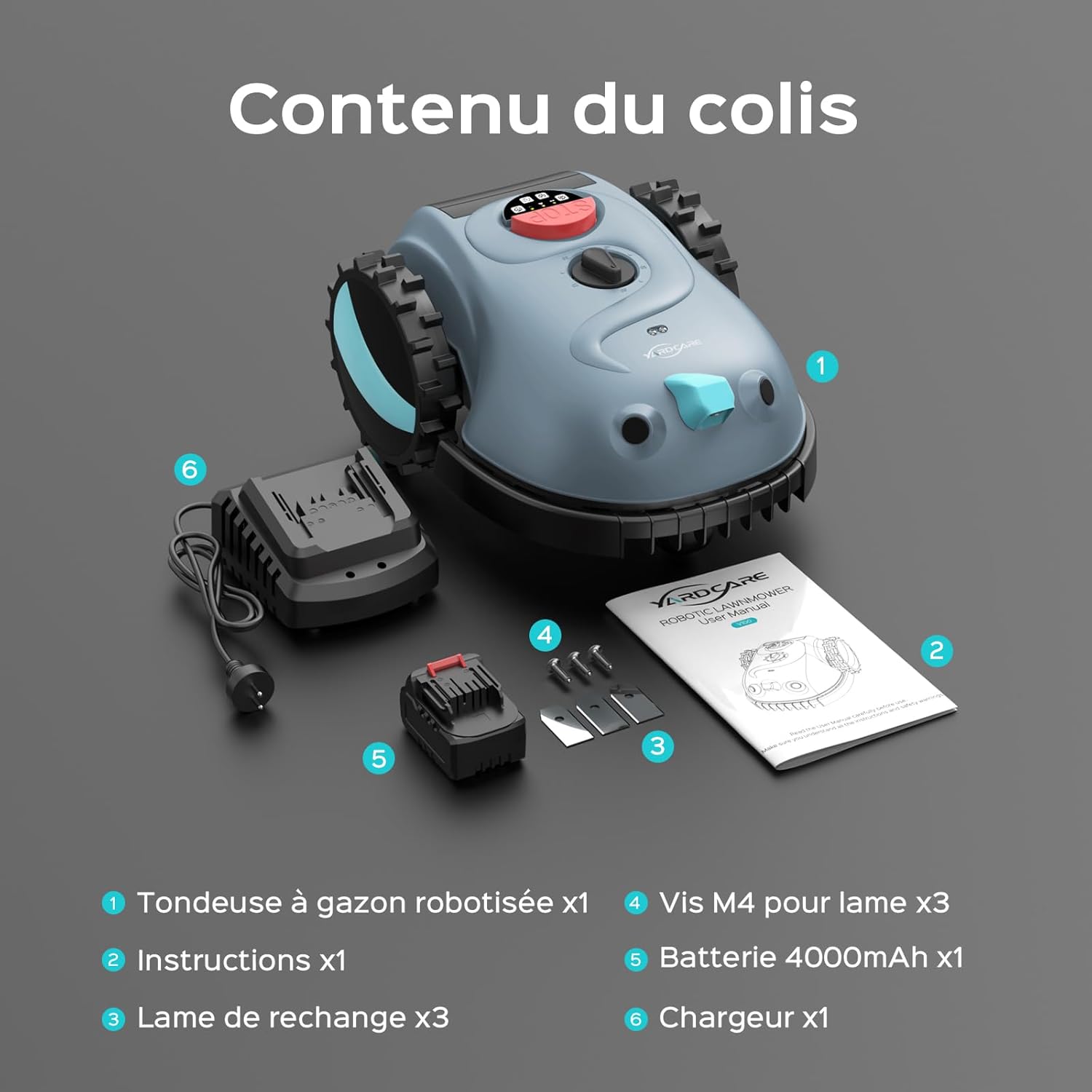 YARDCARE - robot tondeuse série V100 - batterie 4Ah, navigation visuelle, détection d'obstacles, peigne à herbe, lames -