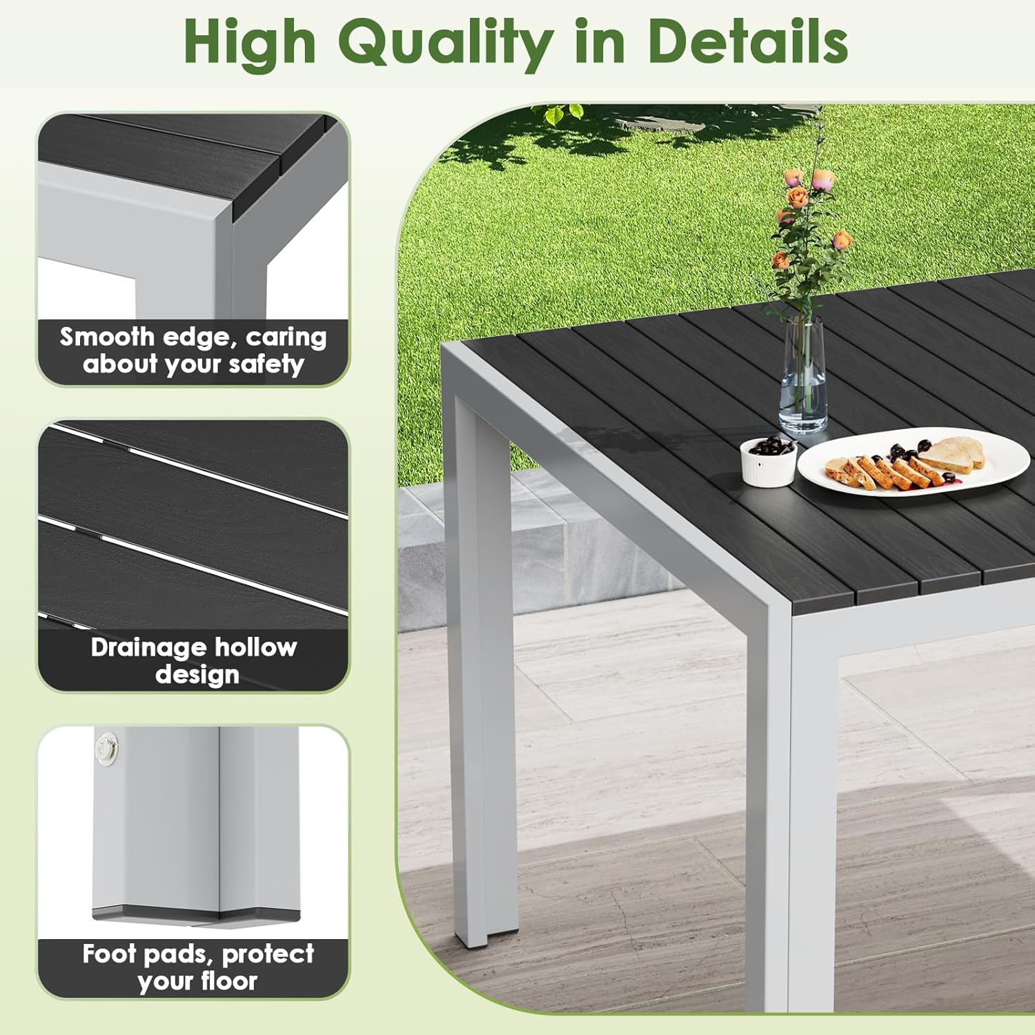 LIFERUN - table de jardin rectangulaire - 140x90x75 cm - aluminium et WPC, 6 places, noire