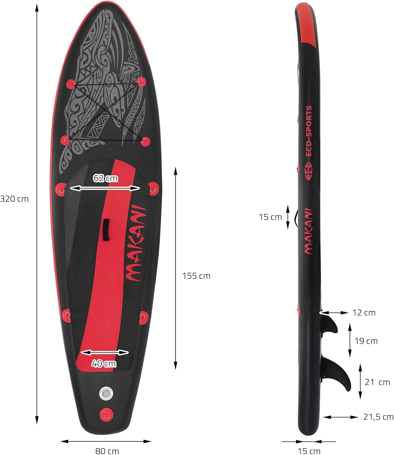 ECD Germany - Stand Up Paddle Board - 305/308/320/380 cm - PVC, 120/150 kg, 10/15 cm d'épaisseur
