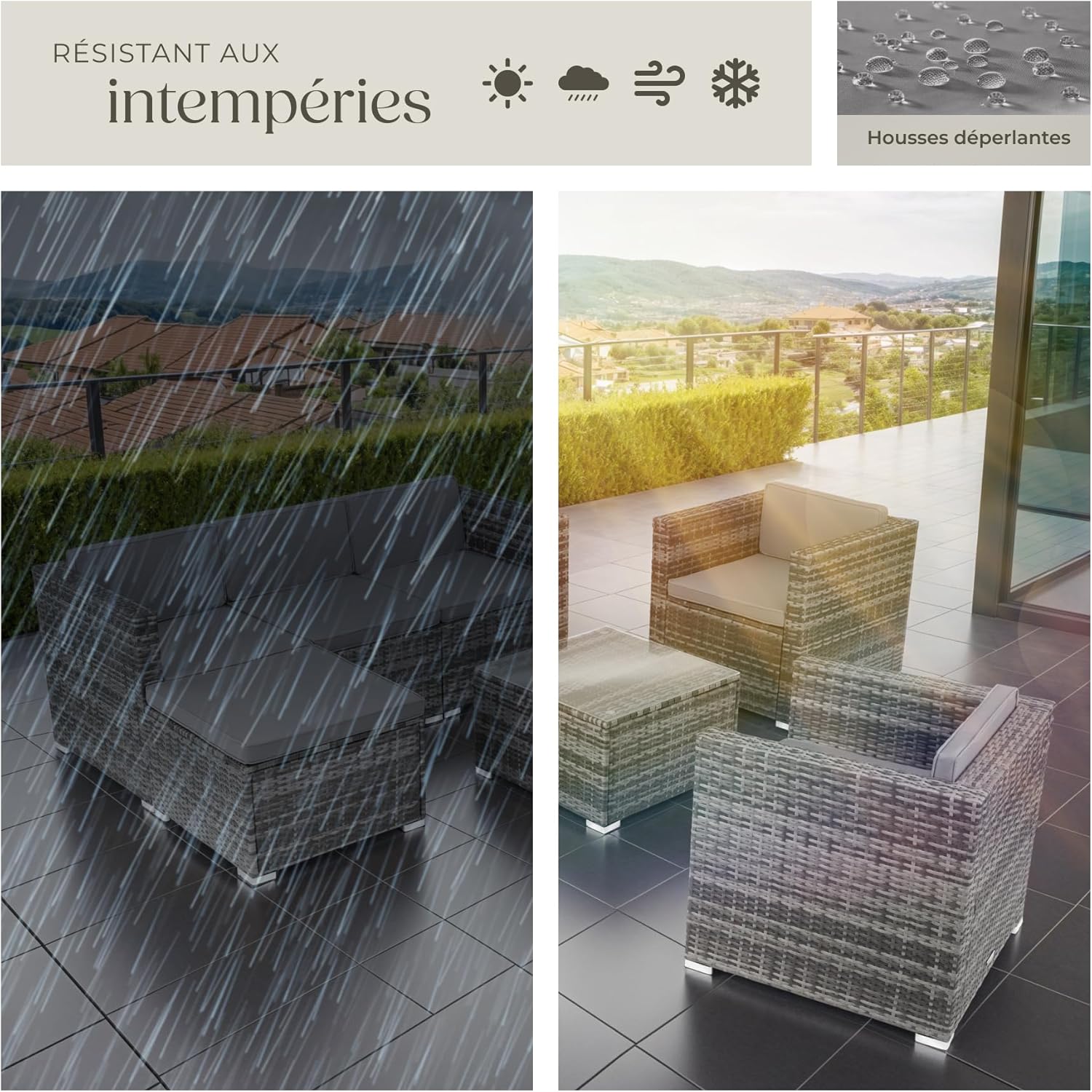 tectake - Salon de jardin modulable 7 places, poly rotin, coussins inclus