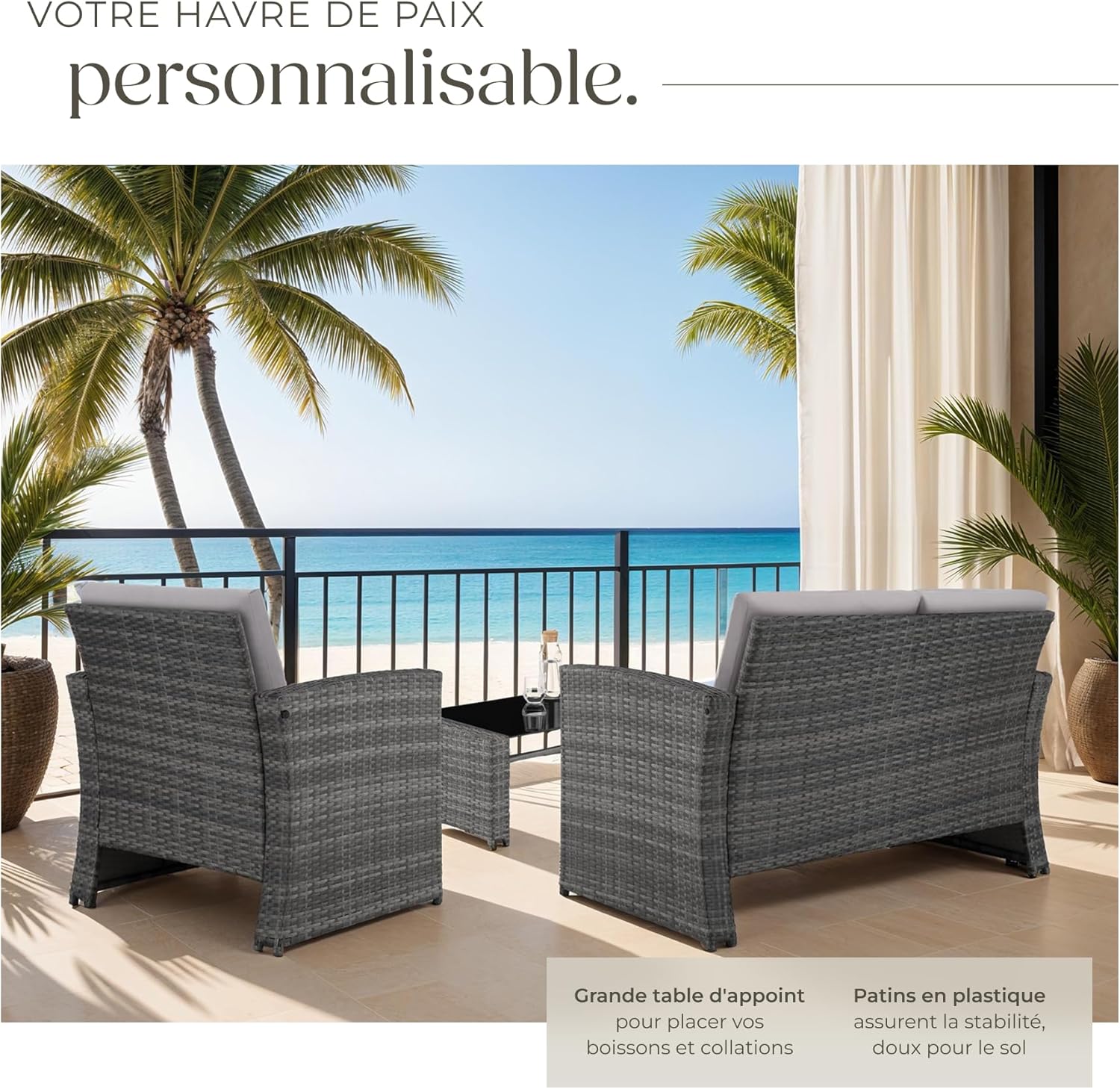 tectake - Salon de jardin 4 places, résine tressée, canapé, 2 fauteuils, table verre, coussins inclus, Gris/Gris Clair