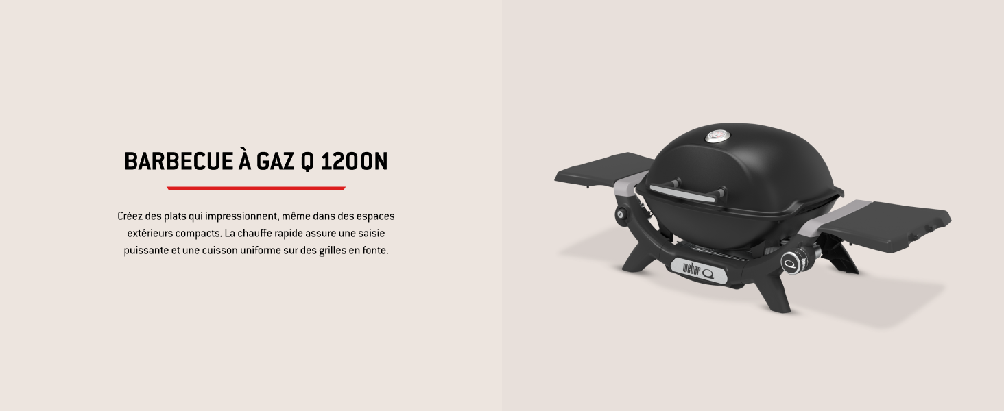 Le texte se lit comme suit : « BARBECUE À GAZ Q 2200 ». Barbecue à gaz portable noir avec tables d'appoint pliées sur fond beige.