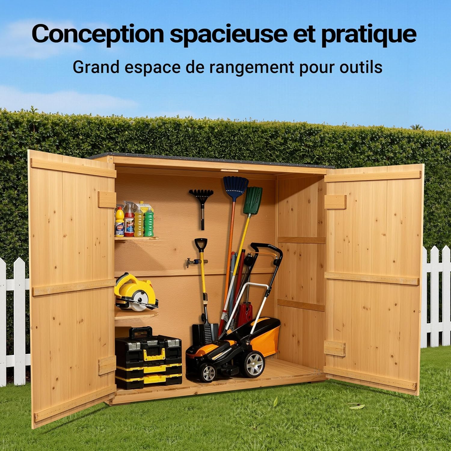 Wiltec Abri de Jardin – 1360 x 580 x 1270 mm – en Bois Verni – avec Toit revêtu par PVC et 2 Portes – Cabane Remise pour Rangement Outils pour Jardin, Terrasse & Balcon