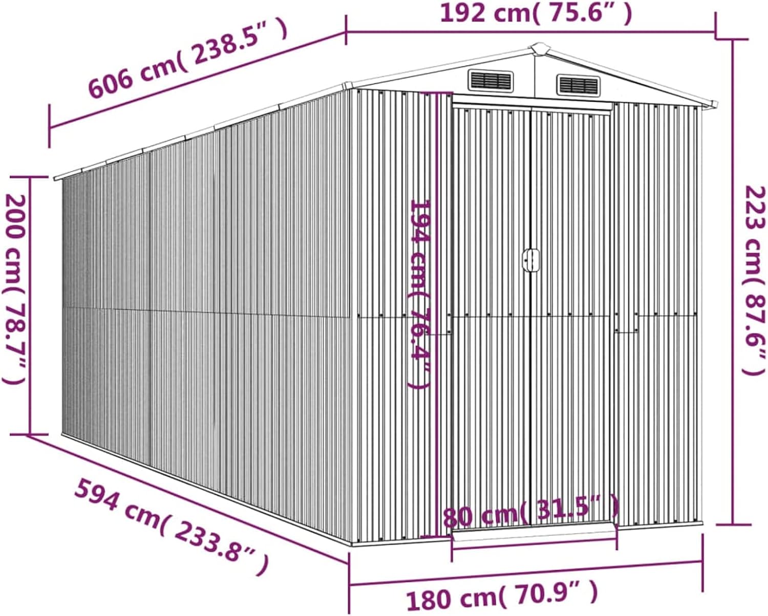 Gecheer Abri de jardin en métal pour extérieur, acier galvanisé, anthracite, 192 x 606 x 223 cm