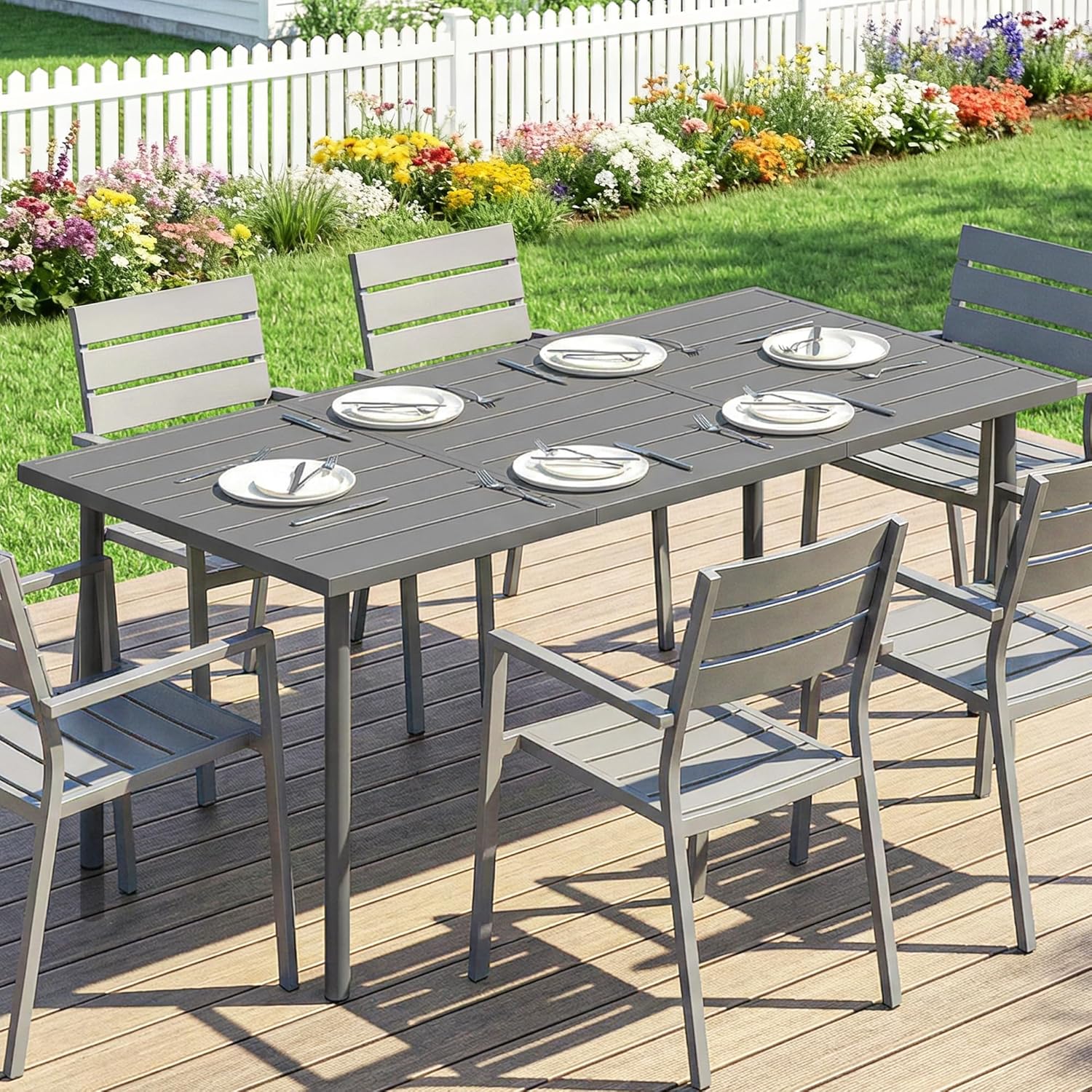 Outsunny - Table jardin série 6 pers - 165x80 cm - métal lattes, extérieur
