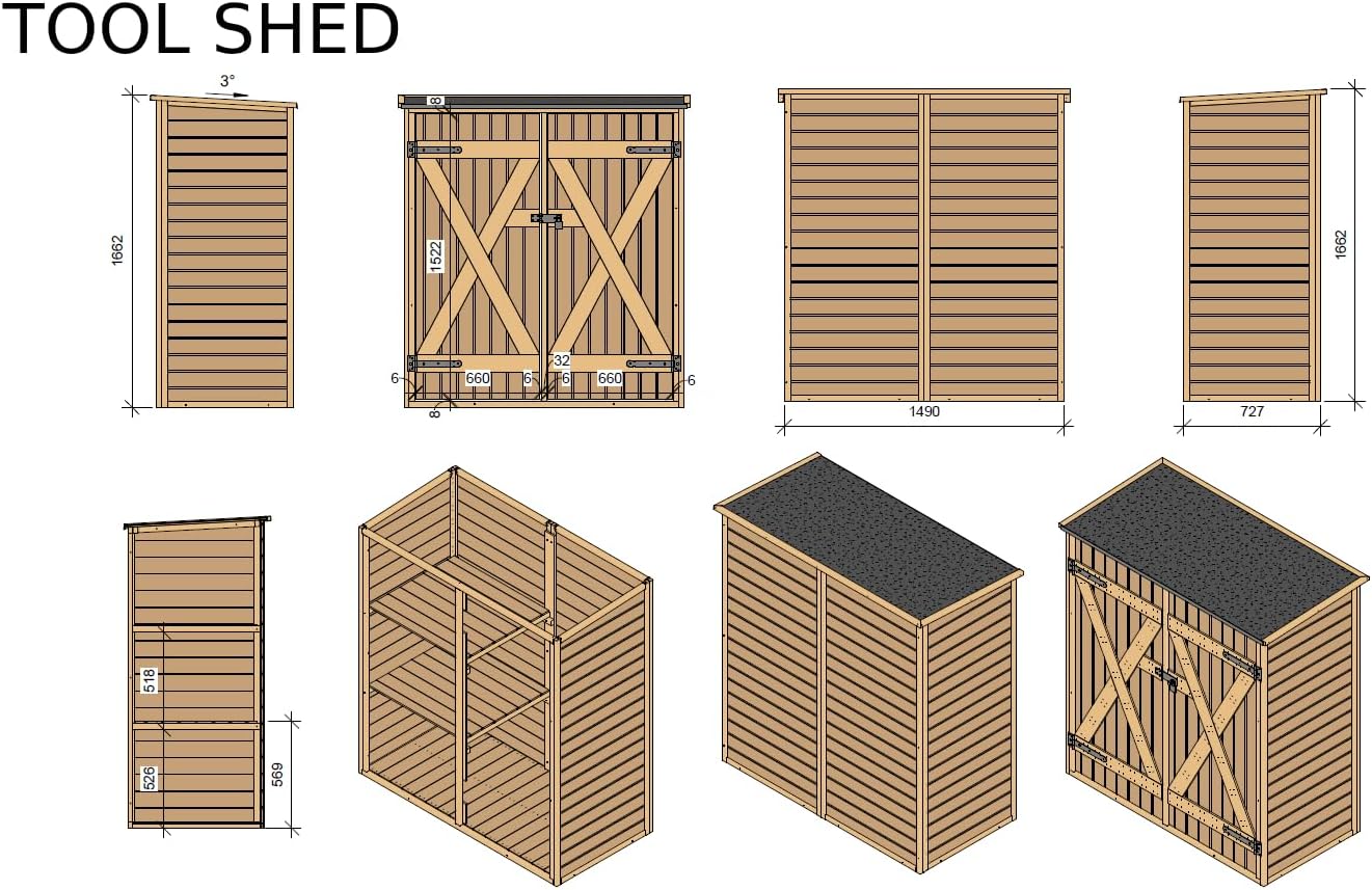 Upyard Abri à Outils avec système d'étagères - Abri de Jardin Moderne en Bois - Abri de Jardin avec Toit à pignon, 150 x 70 cm, Gris