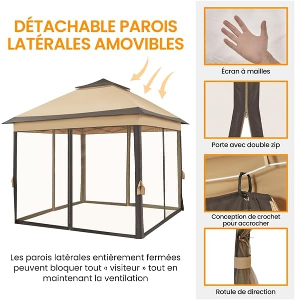 Yaheetech - tonnelle jardin série kaki/brun - 3,3x3,3m - moustiquaires, toile imperméable