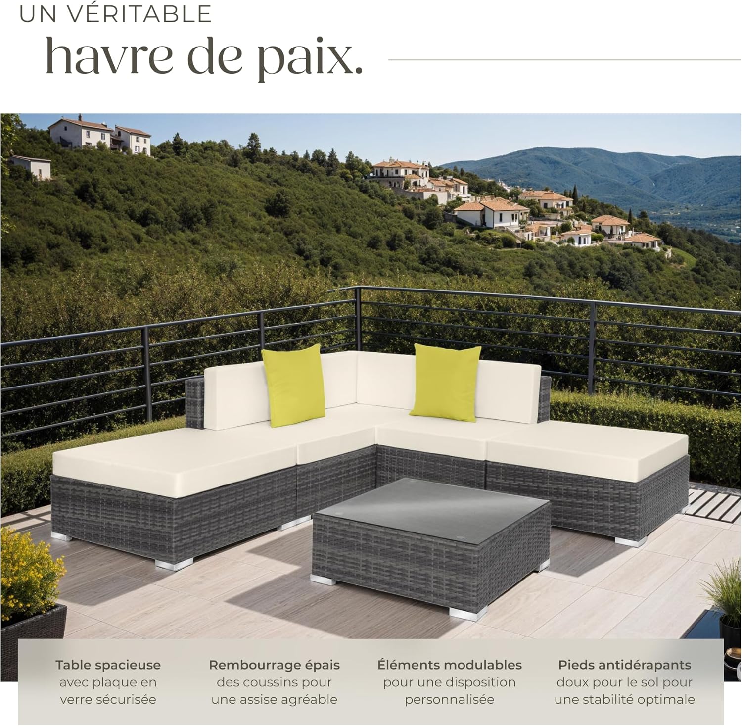 tectake - Salon de jardin XXL modulable 5 places avec table, poly rotin