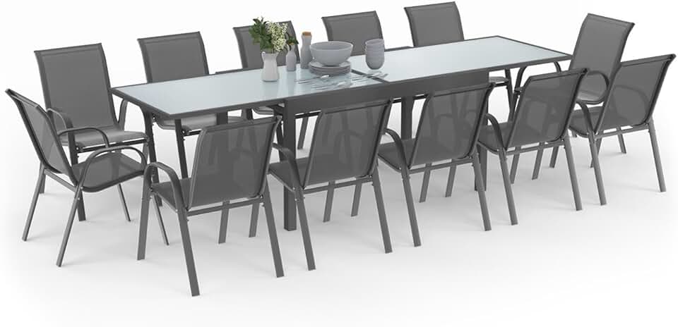 IDMarket - Madrid salon jardin, table extensible 135-270 cm, 12 chaises empilables, gris anthracite