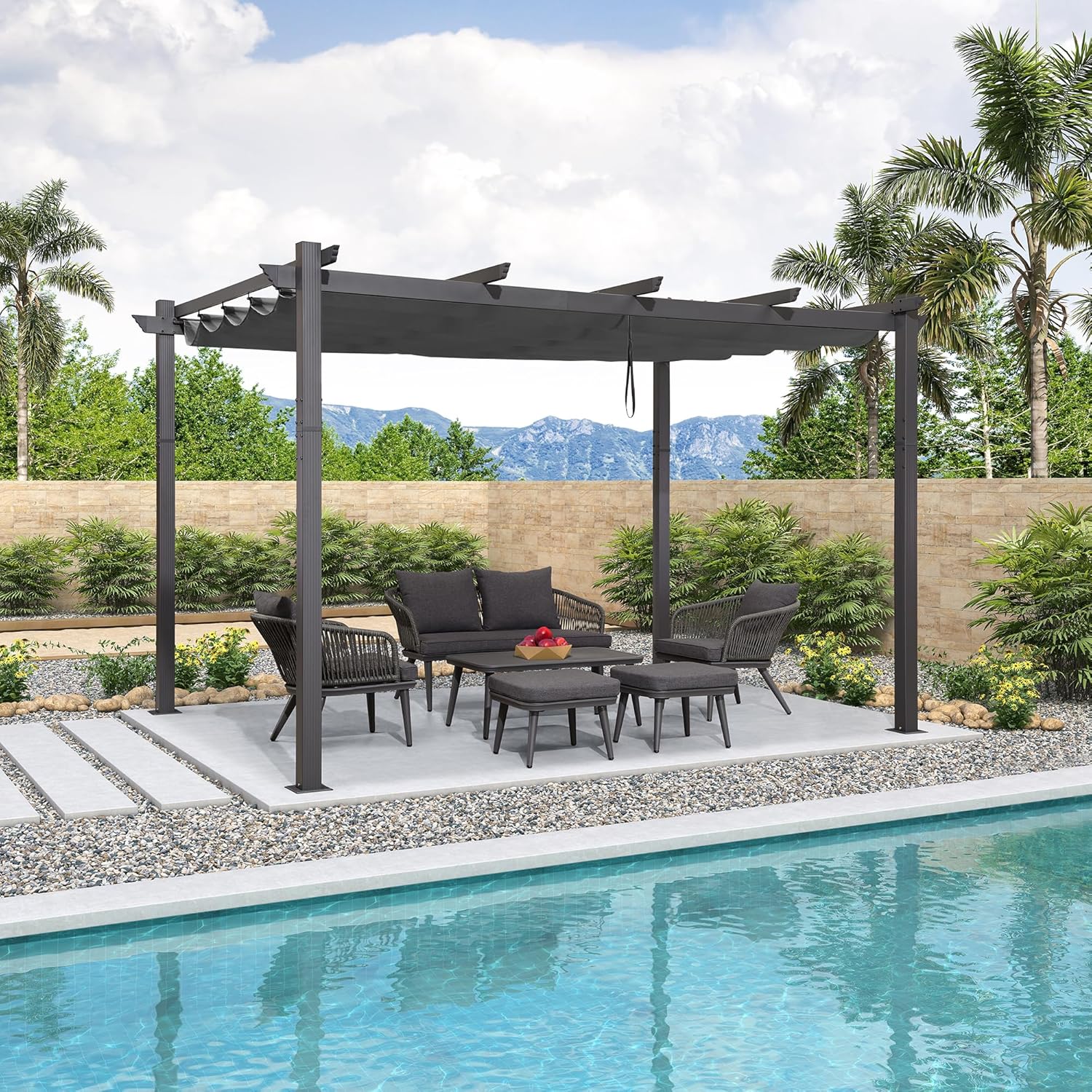 PURPLE LEAF - Pergola aluminium, 3,65x3m, toile coulissante, gris
