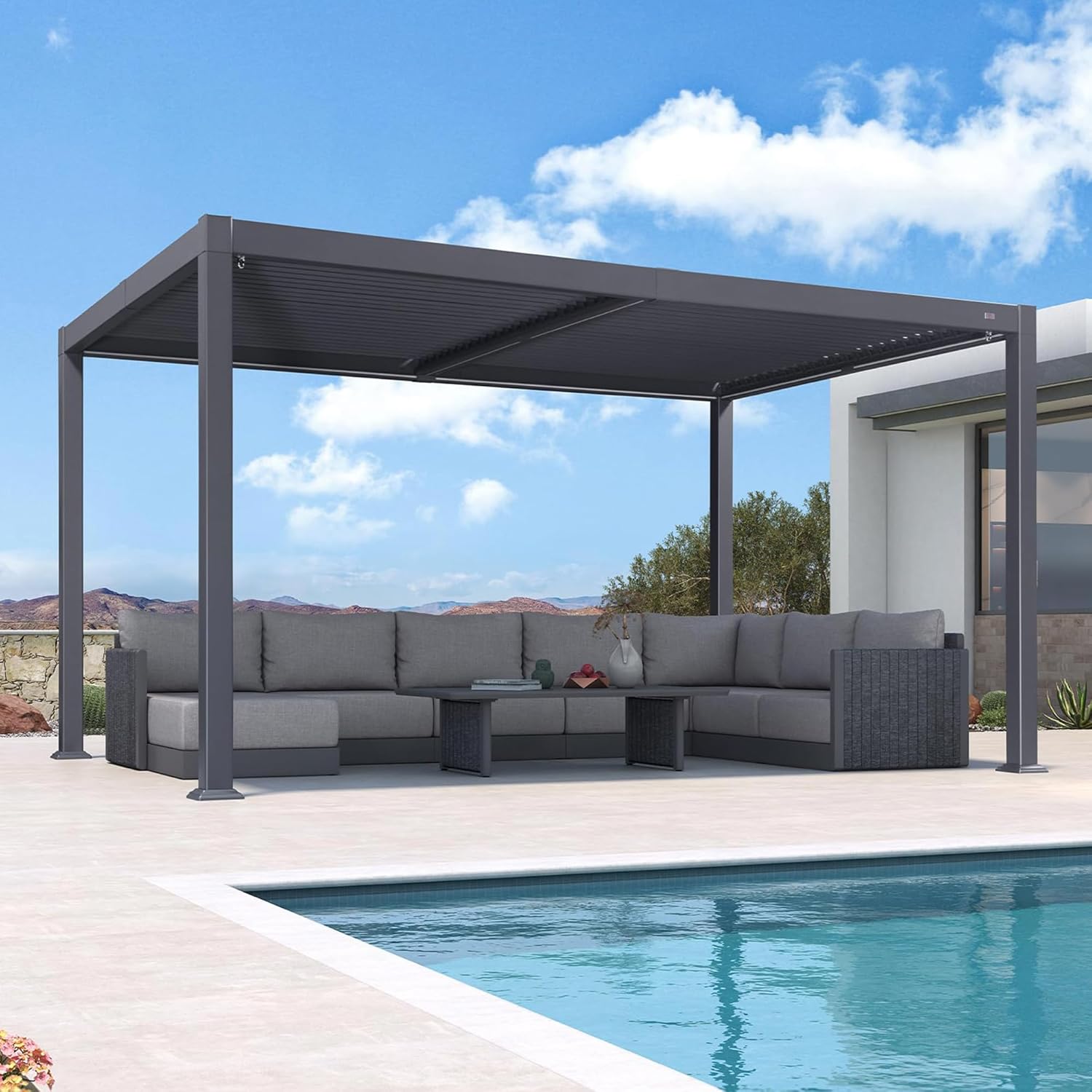 PURPLE LEAF - Pergola aluminium bioclimatique - 3 x 4,25 m - Lames orientables, LED, étanche