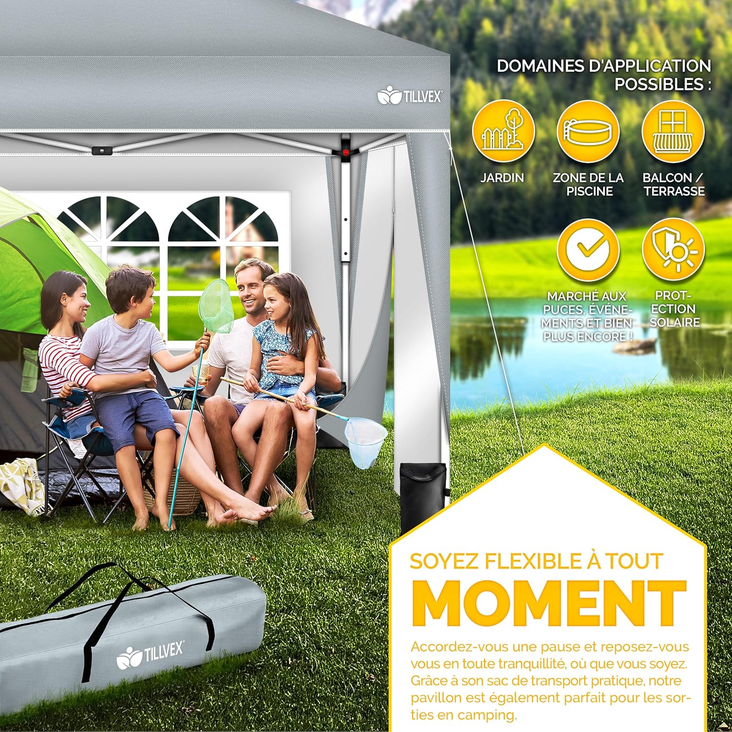 tillvex Tonnelle pliable imperméable 3 x 3 m - Pavillon de jardin Pop-up réglable en hauteur - Tonnelle de jardin protection UV 50+ avec sac - Gris - avec 2 parois