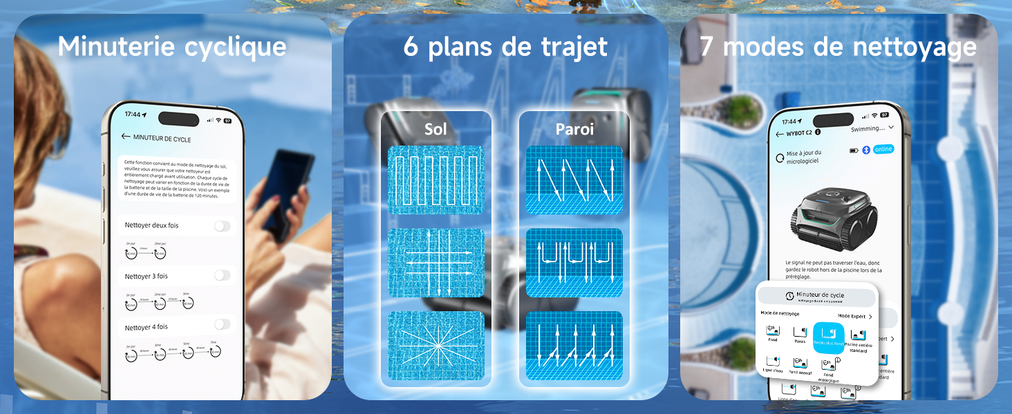 pour smartphone présentant les fonctionnalités d'un robot nettoyeur de piscine : chronométrage cyclique, 6 plans de voyage et 7 modes de nettoyage. Les écrans affichent les commandes de l'appareil et les modèles de nettoyage.