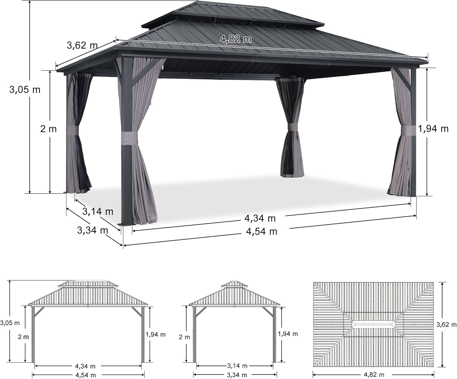 PURPLE LEAF - pergola série double toit - 4,85x3,65 m - alu acier, rideaux, moustiquaire