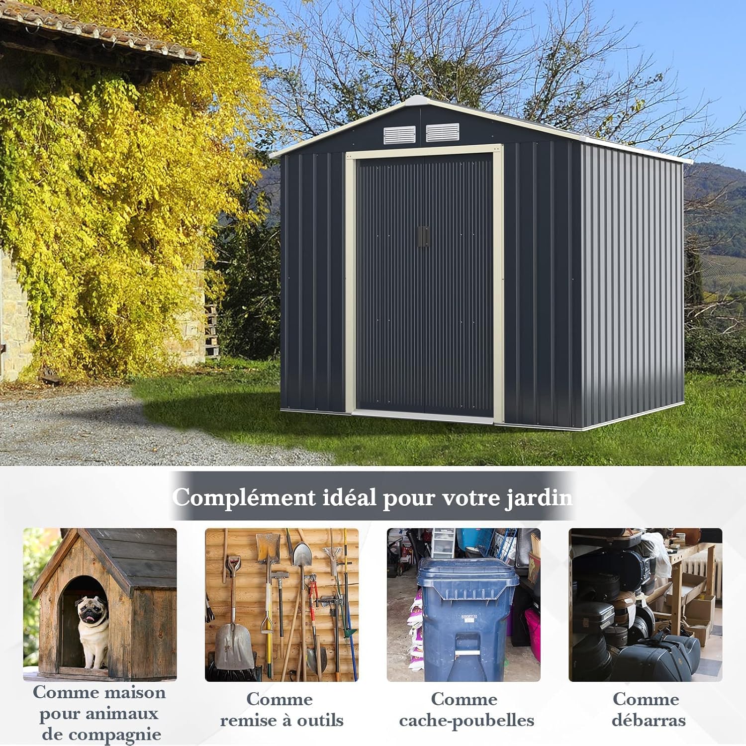 GOPLUS 3,73㎡ Abri de Jardin Métal Galvanisé, Cabine de Jardin Extérieur Portes Coulissantes, Résistant aux Intempérie, Cabane de Rangement Outils, 213 x 191 x 195 cm, Gris