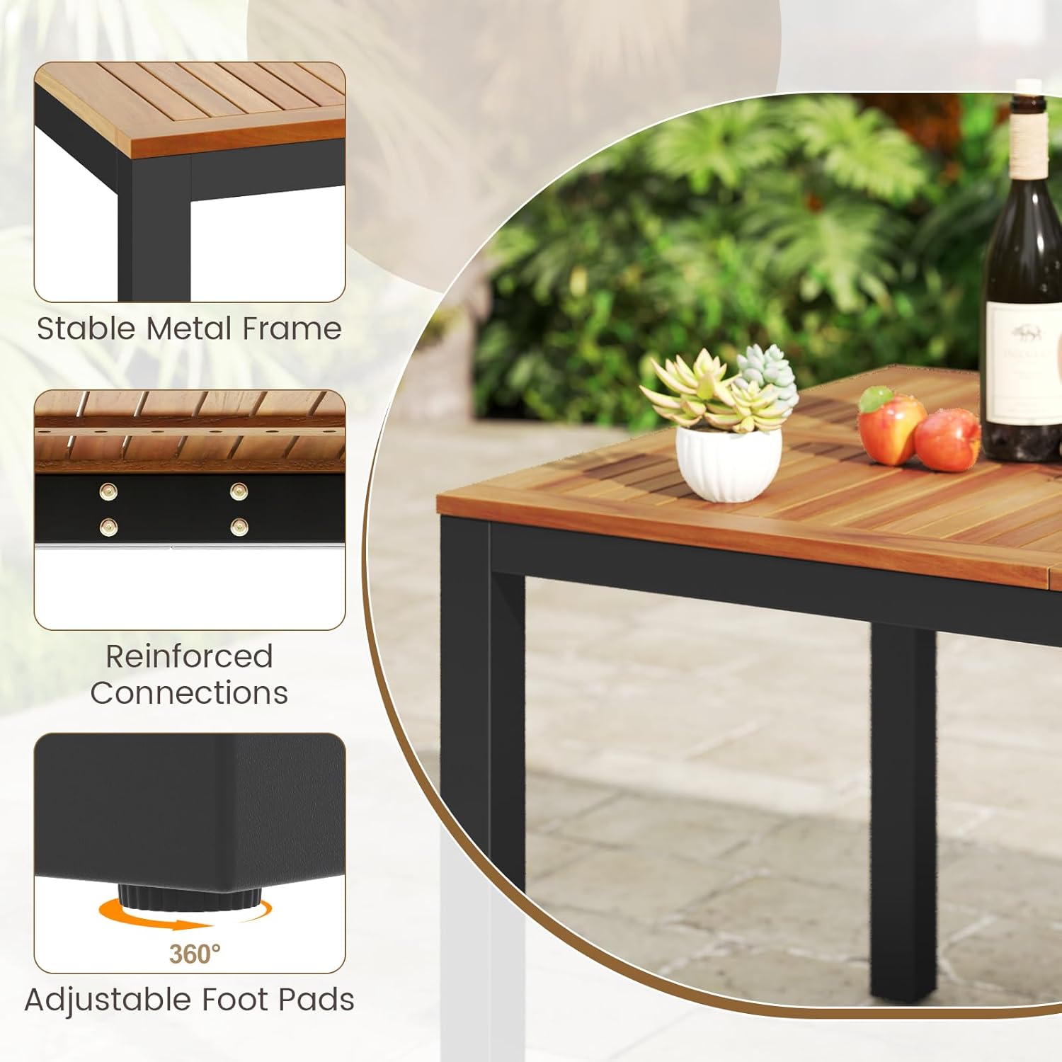 GOPLUS - Table de jardin 8 places, bois d'acacia, métal, 90x200x75cm