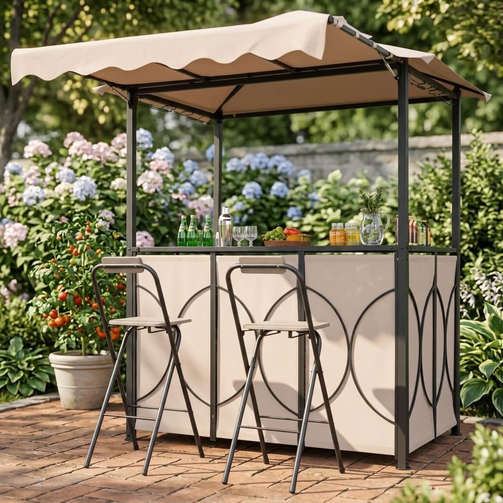 GOPLUS 4 Pcs Ensemble Salon de Bar, Abri Barbecue Jardin Exterieur avec Auvent Latéral, Table de Bar, 2 Tabourets Pliants, Crochet et 4 Rangées Porte-Verres (Café|Auvent|Chaises)