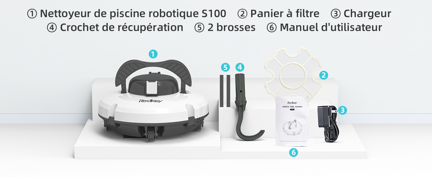 comprenant une unité principale, un panier-filtre, un chargeur, un crochet de récupération, deux brosses et un manuel d'utilisation. Appareil blanc et noir de forme arrondie.