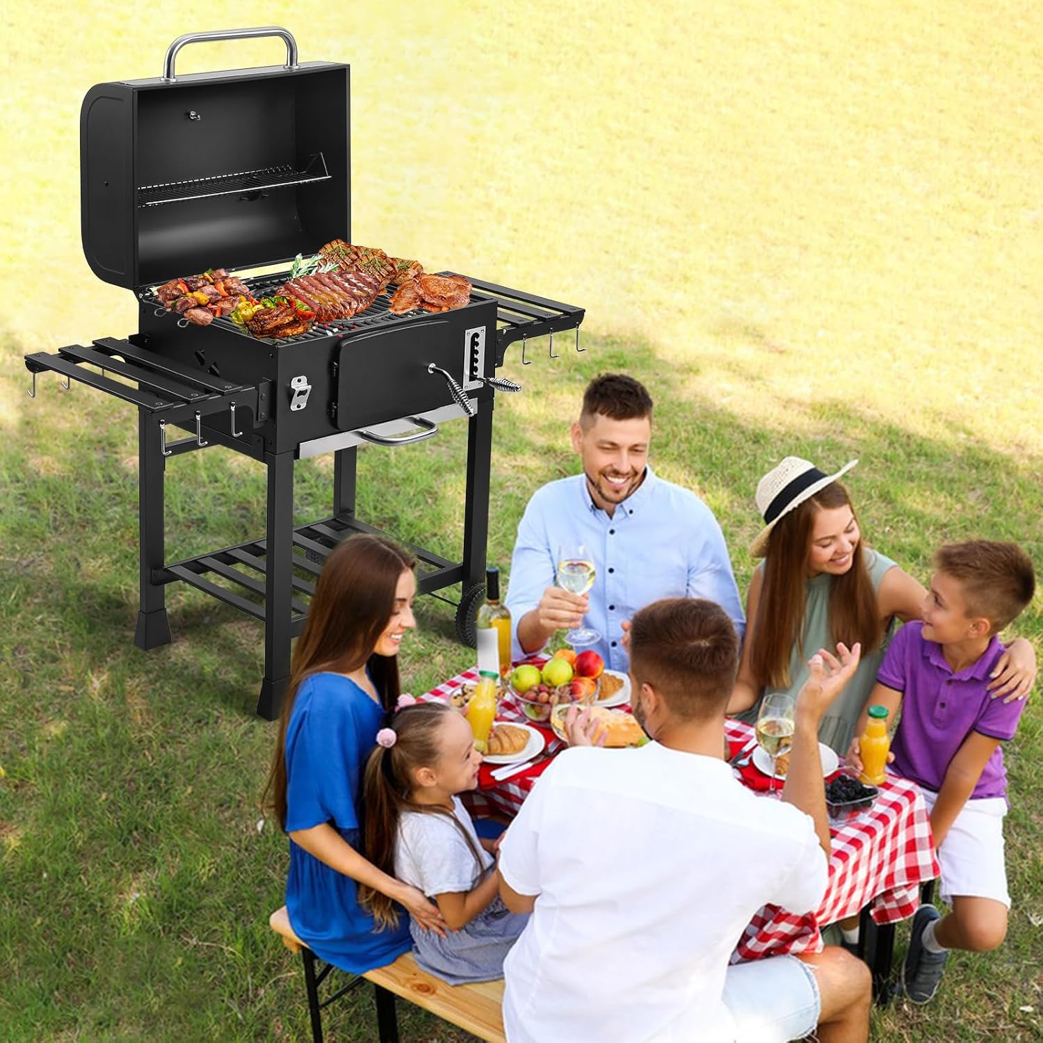 TEENO - Chariot XXL barbecue charbon, couvercle, thermomètre, gants, fumoir