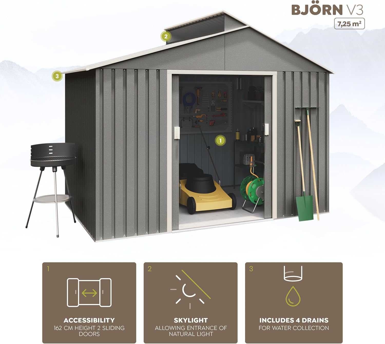 Hoggar - Bjorn abri de jardin métal 7,25m², garantie 10 ans, 257x282x222cm