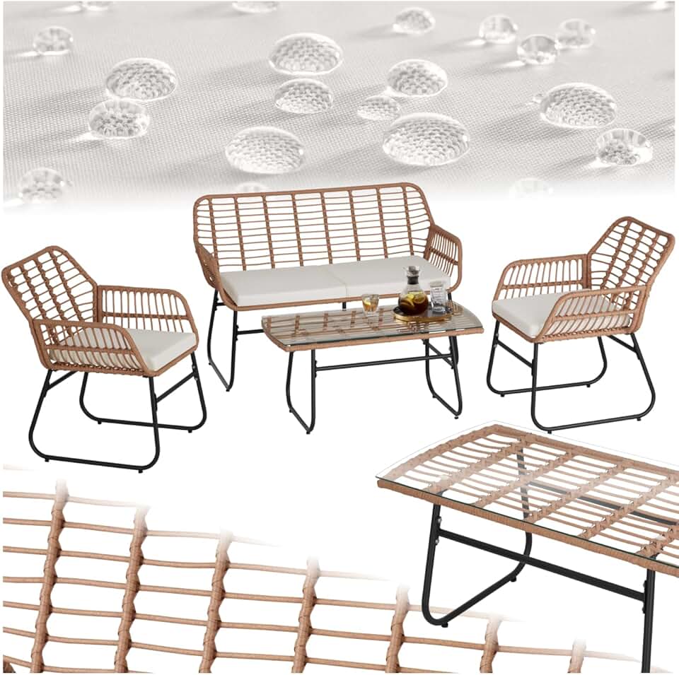 tectake - salon de jardin poly rotin 4 pcs, coussins, plateau verre 401206