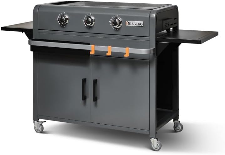 Brasero - Plancha Lola sur chariot - 68,5x35,5 cm - 3 feux gaz, récupérateur graisse, 12 convives, 7,2 kW