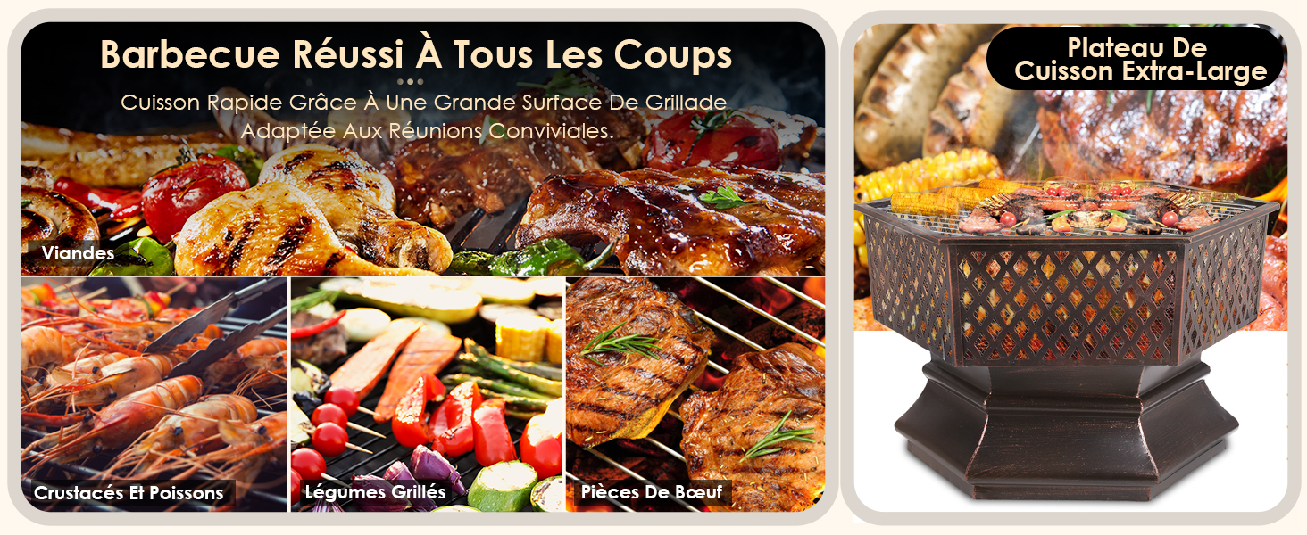 Plusieurs images d'aliments grillés sur des grilles de barbecue, montrant diverses viandes et légumes cuits à la flamme. Comprend des plans d'un foyer ou d'un grill hexagonal.