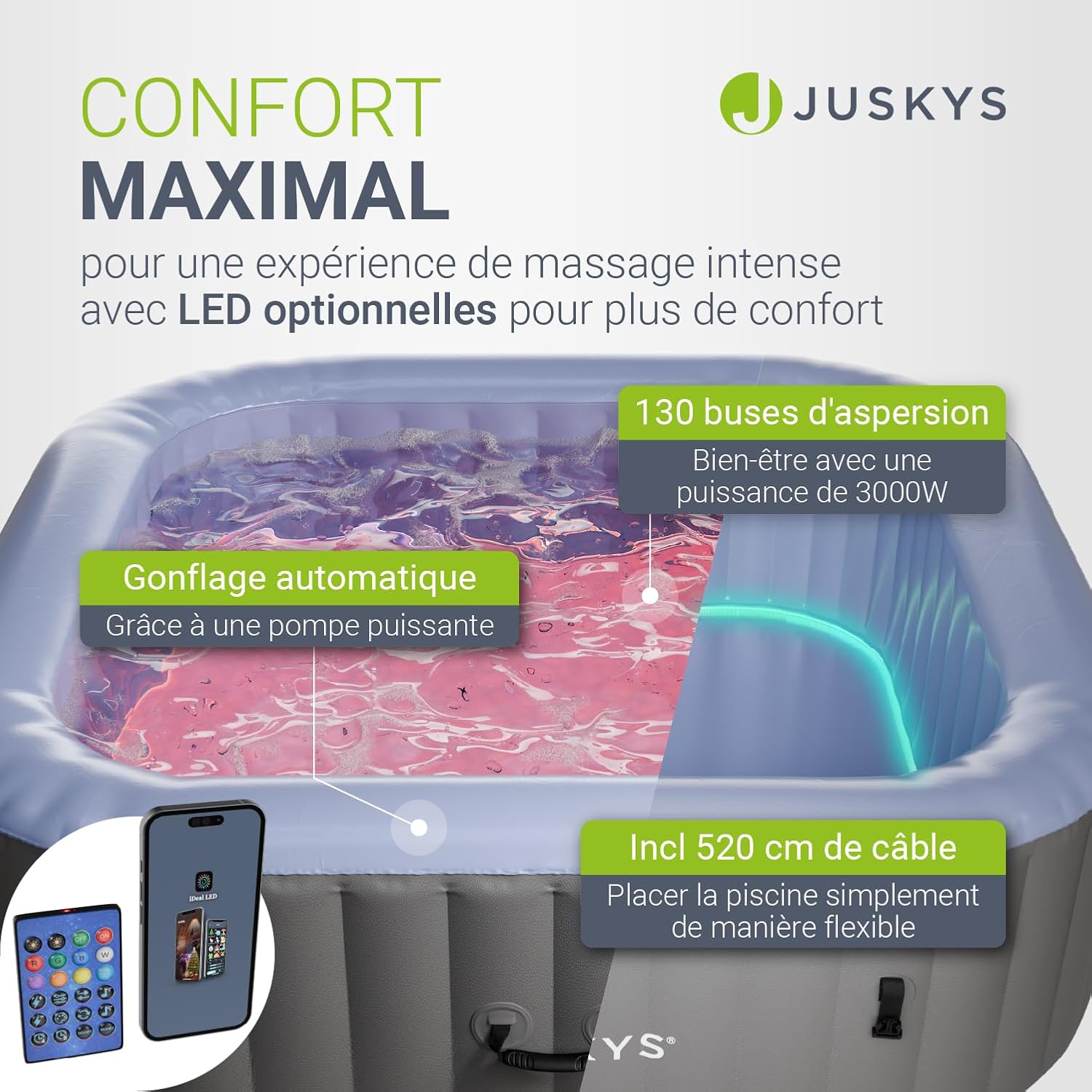 Juskys - SpaLuxe - spa extérieur, 130 buses, LED, 3000 W, Gris/Bleu